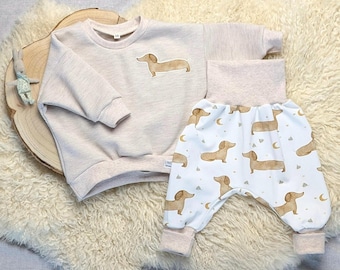 Babyset Motivset Kleiderset Babykleidung Pumphose Babyhose oversized Sweater Newbornset Homecoming Geschenkset Babypulli Dackel Hund