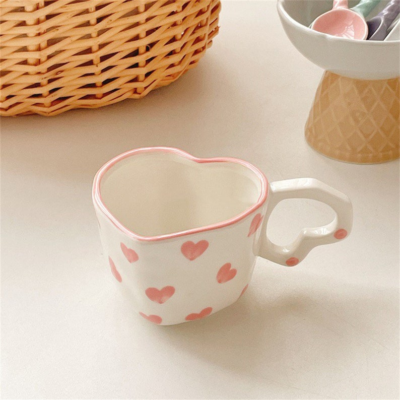 Pink Heart Shaped Ceramic Mug With Heart Spoon Cute Handmade Etsy