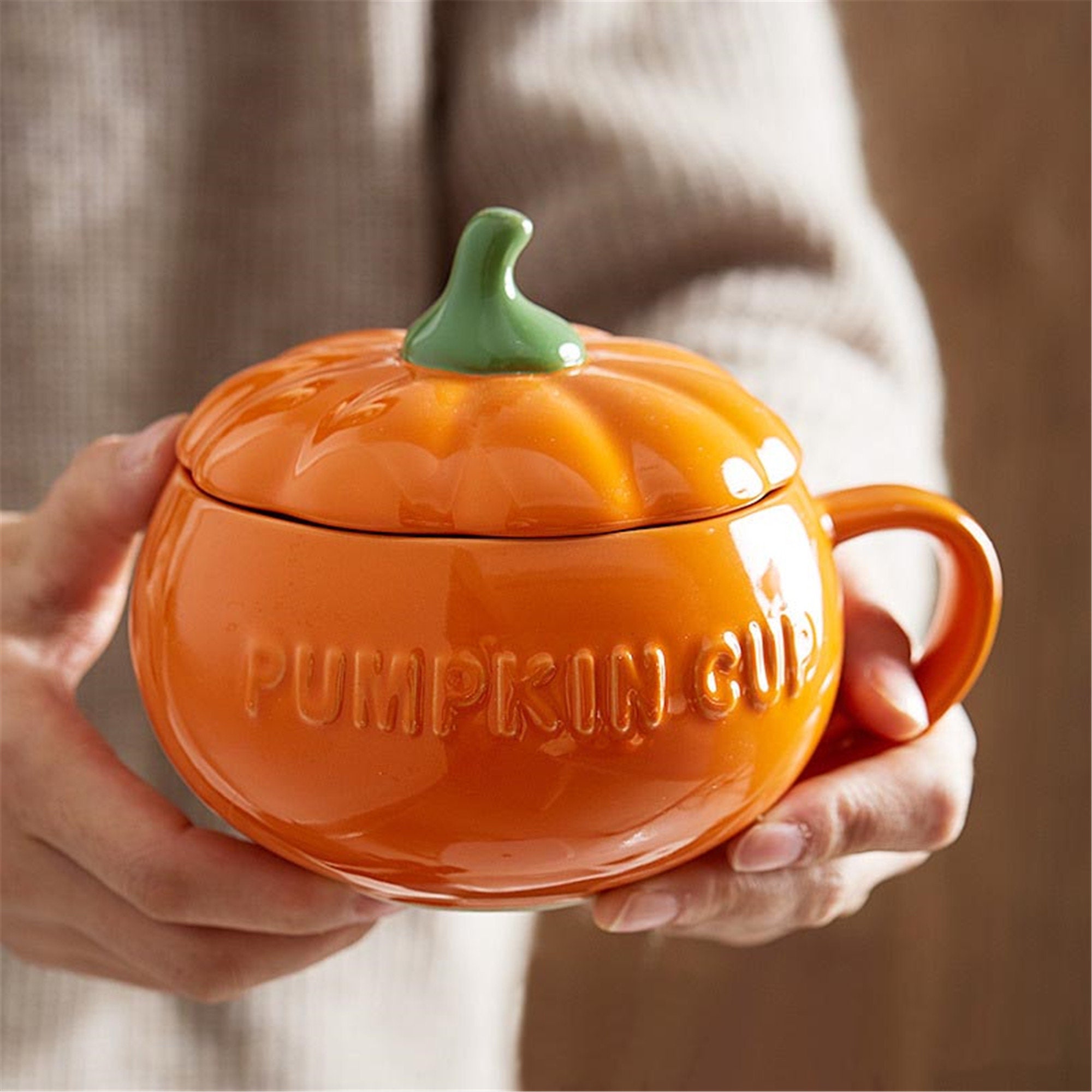 Size:Cup+ Spoon Tazza + Cucchiaio FHKSFJ Cute Pumpkin Cup Coffee Cup Tazza da Latte in Ceramica con Coperchio 