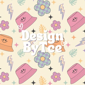 May include: A seamless pattern featuring a variety of colourful elements, including smiley face bucket hats, flowers, lightning bolts, and leaves. The text "Design By Tce" is prominently displayed in the centre of the pattern.
