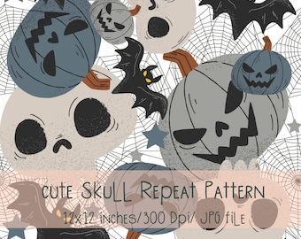 Spooky Cute Halloween Seamless Pattern File, Creepy Cute, Horror Seamless, Gender Neutral Halloween Seamless, Skull Bat Pumpkin Seamless