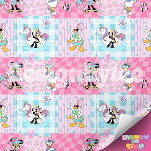 May include: A colorful pattern featuring cartoon characters like Minnie Mouse and Daisy Duck, along with a unicorn float. The design incorporates pink and blue checkered and striped backgrounds, with floral and star accents. The overall theme is playful and whimsical.