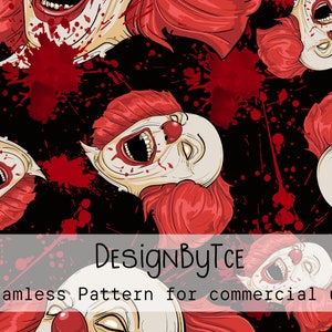 May include: Seamless pattern featuring a repeating design of a screaming clown with red hair and a bloody face against a black background with red splatters.  The text "DesignByTce" and "Seamless Pattern for commercial use" is at the bottom of the image.