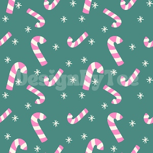 Pink Candy Cane with Star Seamless Pattern Files for Girly Christmas Fabric Printing Sublimation Custom Fabric Design File