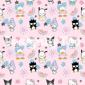 May include: A pink background with a repeating pattern of cartoon characters. The characters include Hello Kitty, My Melody, Kuromi, and a duck. The pattern also includes watermelon slices, flowers, and leaves.