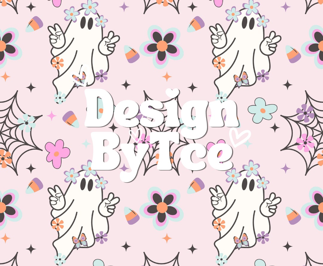 Groovy Floral Ghost Seamless Pattern: Pink Halloween Fabric Print ...