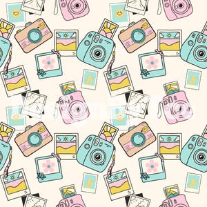 May include: A seamless pattern featuring a variety of colorful cameras, instant film photos, and flowers. The background is a light cream color.