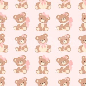 May include: A seamless pattern featuring brown teddy bears with pink bows and pearl necklaces on a light pink background.