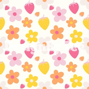 Pink Yellow and Orange Strawberry Seamless Pattern File, Daisy Fabric Printing Sublimation Fabric Design, Summer Surface Pattern