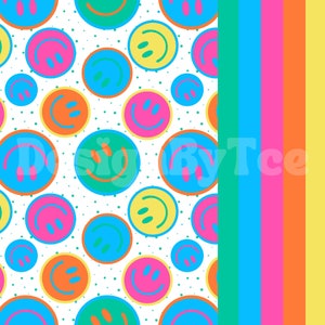 Bundle de fichiers sans couture motif visage joyeux néon et rayures en toute sécurité pour l'été fichier de conception de tissu par sublimation d'impression