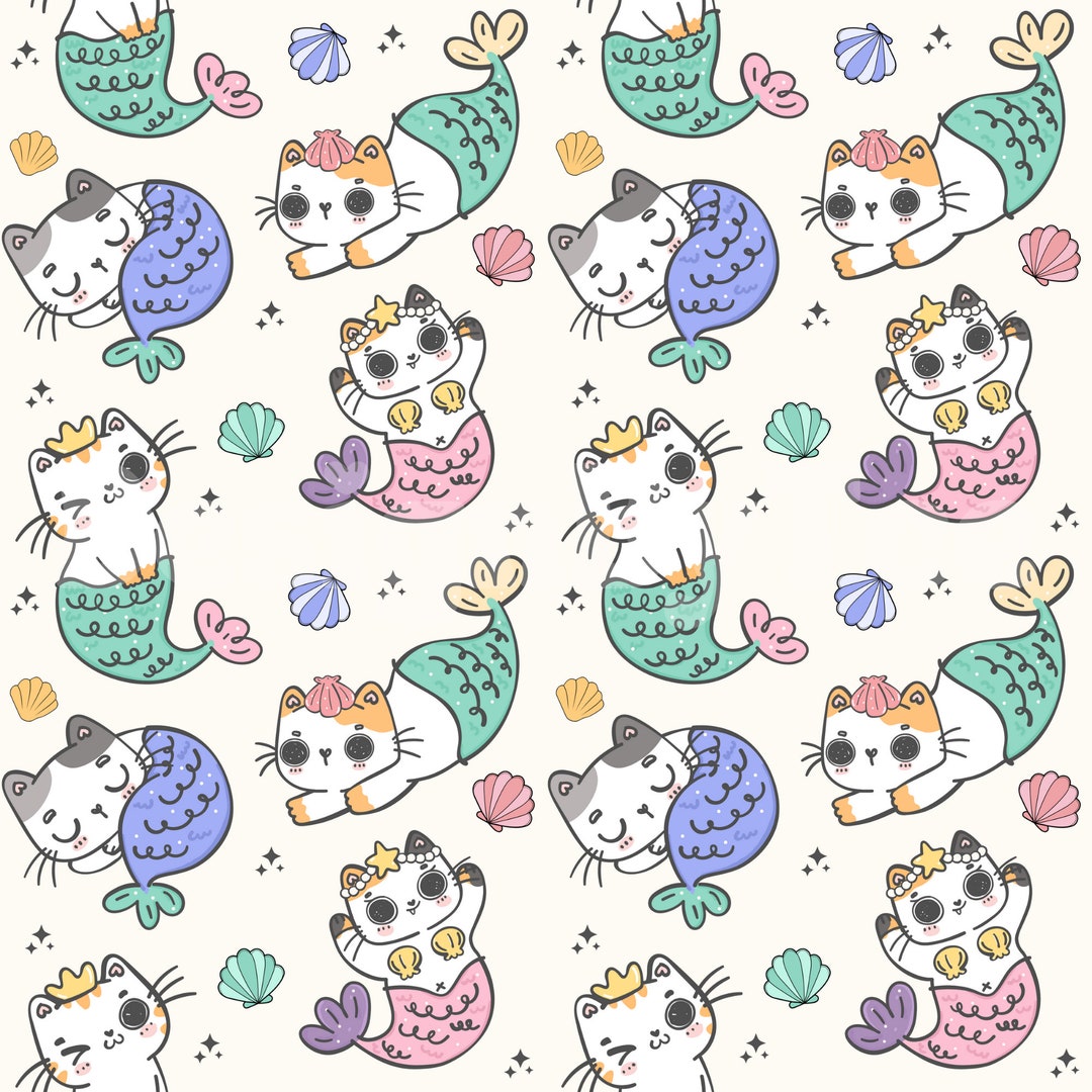 Mermaid Cat With Sea Shell Seamless Pattern Files for Summer Fabric ...