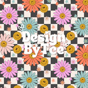 Retro Checker with Happy Face Daisy Seamless Pattern Files for Fabric Printing Custom Fabric Design File