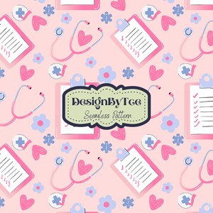 May include: A pink and blue seamless pattern featuring medical symbols, hearts, flowers, clipboards, and stethoscopes. The text "DesignByTGe Seamless Pattern" is in a green banner.