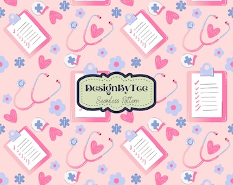 Floral Pink Nurse Seamless Pattern: Stethoscope Fabric Design (Digital Download)