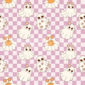 GROOVY GHOST チェック柄ハロウィンシームレスパターンファイル ガーリーな生地プリント用昇華生地デザインファイル