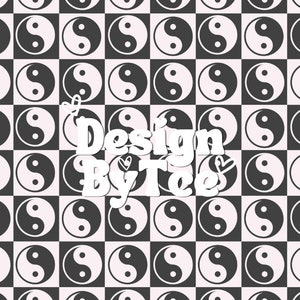 May include: Black and white yin yang symbols arranged in a checkerboard pattern. The text "Design By Tee" is in white letters on a pink background.