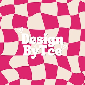 May include: A pink and white checkered background with a wavy pattern. The text "Design By Tce" is in white with small hearts on either side.