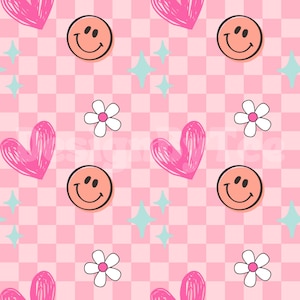 DOODLE PINK Happy Face Archivos de patrones sin costuras brillantes para impresión de tela de tablero de ajedrez, sublimación, archivo de diseño de tela a cuadros