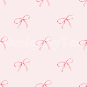 Op de afbeelding: Een naadloos patroon met roze satijnen strikken op een lichtroze achtergrond. De strikken zijn in een herhalend patroon gerangschikt, wat een delicaat en vrouwelijk ontwerp creëert.