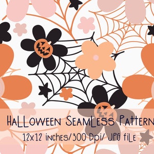 Spooky Halloween Jack o Lantern with Orange and Black Daisy Seamless Pattern Files for Fabric Printing Sublimation Fabric Design File