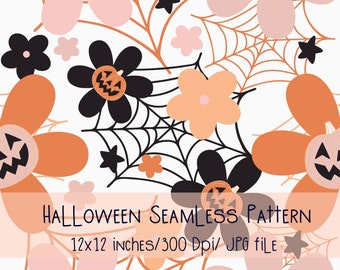 Patrón sin costuras de Jack-o-Lantern para Halloween: Diseño floral espeluznante (JPEG, 30 x 30 cm)