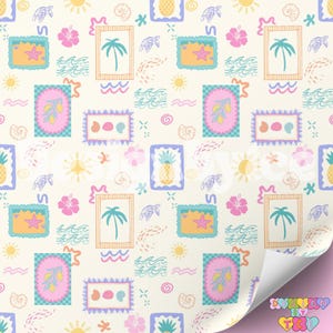 May include: A repeating pattern featuring tropical illustrations. The design includes framed images of a starfish, palm tree, and pineapple, along with waves, hibiscus flowers, and turtles. The color palette is pastel with a cream background.