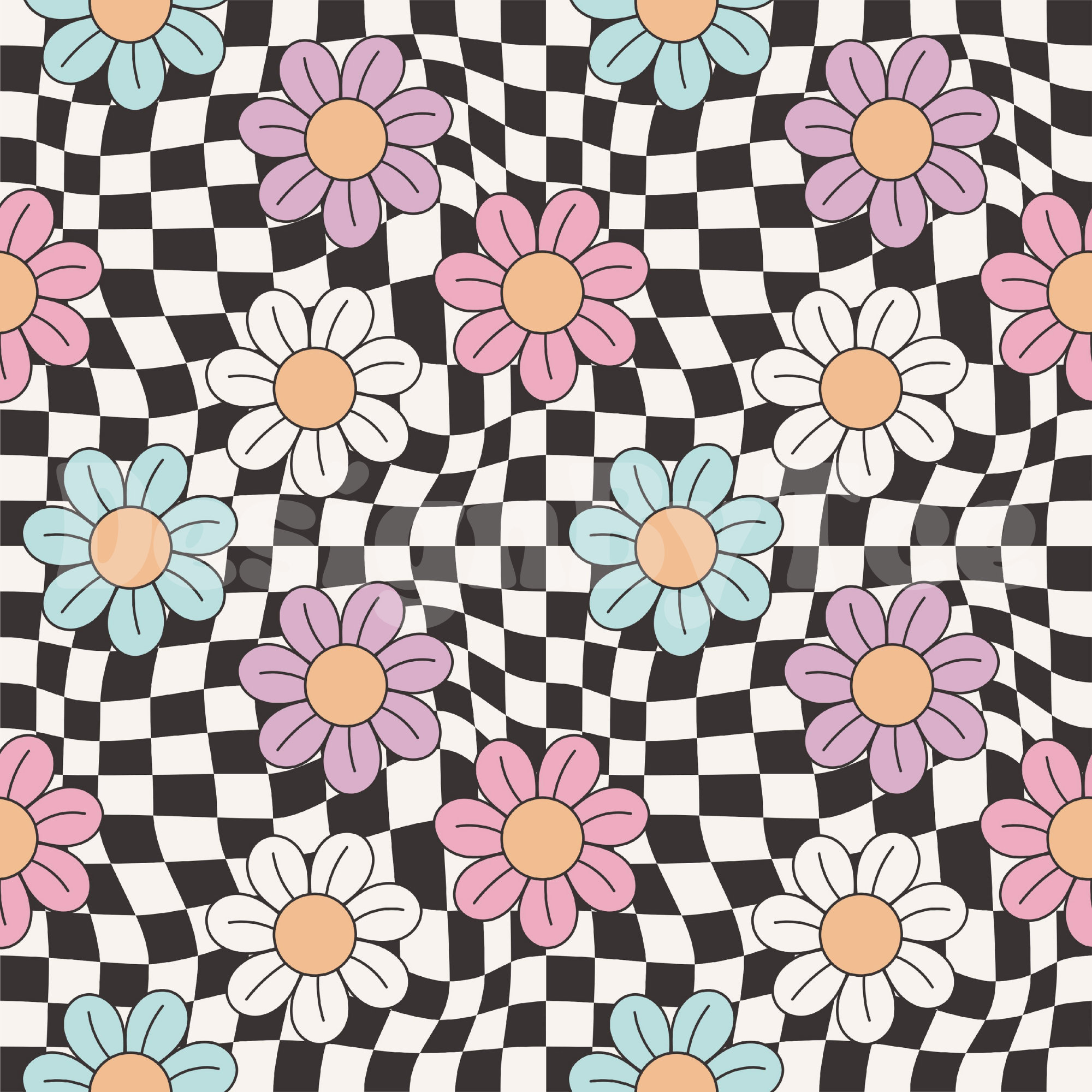 Retro Wavy Checkered Daisy Seamless Pattern (digital File) - Etsy