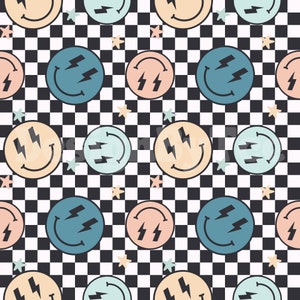 Boys Thunder Happy Face con archivos de patrones sin costuras a cuadros para impresión de tela, sublimación, archivo de diseño de tela personalizado