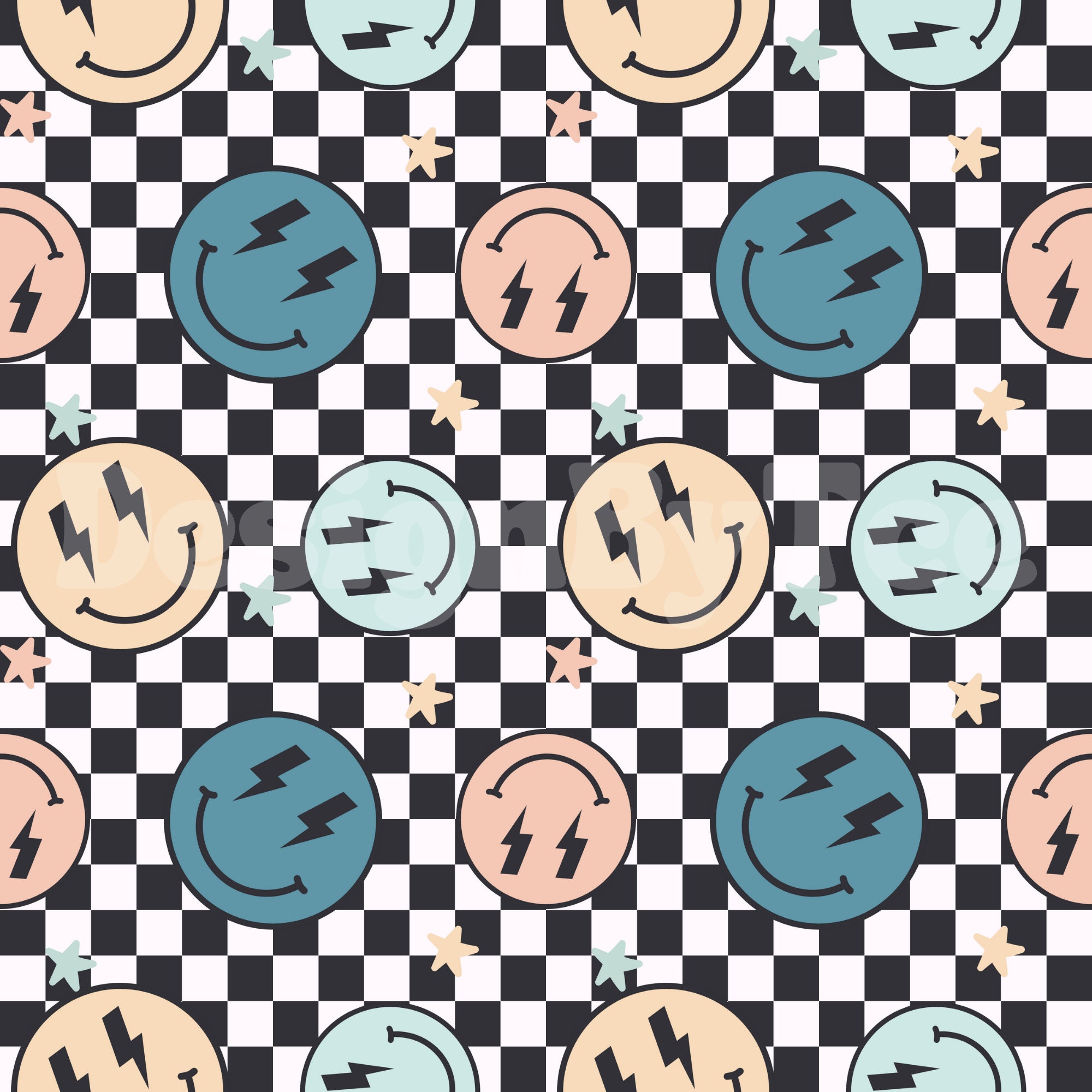Boys Thunder Happy Face with Checkered Seamless Pattern Files for Fabric Printing Sublimation Custom Fabric Design File