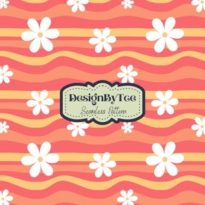 Hippie 70s Background with Sunset Daisy Seamless Pattern Files for Fabric Printing Sublimation Custom Fabric Design File