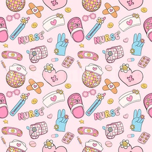 DISCO BALL Nurse and Pills Seamless Pattern Files for Pink Fabric Printing Sublimation Custom Fabric Design File