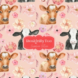 Floral de printemps avec des fichiers de modèle sans couture de vache aquarelle pour l’impression de tissu personnalisé fichier de conception de tissu Girly