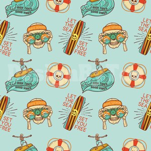 May include: A seamless pattern featuring a skull wearing a headband that says "Wave Seeker" and holding binoculars, a surfboard with the text "Let the Sea Set You Free", a life preserver with a skull, and a skeleton surfing on a wave with the text "High Tides Good Vibes".