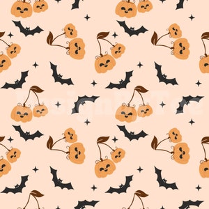 May include: A seamless pattern featuring orange pumpkins with happy faces, black bats, and small white stars on a light peach background. The pumpkins are arranged in clusters of three, with two smaller pumpkins on either side of a larger pumpkin.