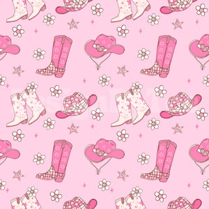 Cowgirl Boots Daisy Disco Hat Naadloos Patroon voor Stof Afdrukken Sublimatie Aangepast Stofbestand, Roze Discobal Digitaal Papier