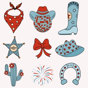 Puede incluir: Un conjunto de nueve ilustraciones de temática western, que incluyen un pañuelo rojo con lunares blancos, un sombrero de vaquero rojo y azul, una bota de vaquero azul con estrellas blancas, una estrella de sheriff azul con diseño ondulado, un lazo rojo, un sombrero de vaquero azul con corazones rojos, un cactus azul con flores rojas, un fuego artificial rojo y azul, y una herradura azul con detalles rojos.