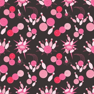 以下が含まれることがあります： 濃いグレーの背景にピンクのボウリングピンとボールが描かれたシームレスなパターン。パターンは画像全体に繰り返されています。