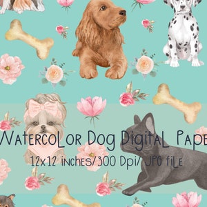 Aquarell Süßer Hund und Blume Blau Musterdateien für den Stoffdruck Benutzerdefinierte Stoffdesign