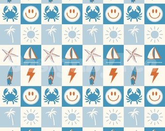 Summer Beach Seamless Pattern: Surf, Crab, Sailboat (JPEG File)