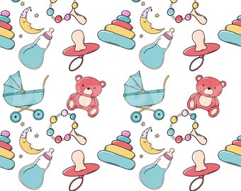 Doodle Baby Bottle and Pacifier Seamless Pattern Files for Fabric Printing Sublimation Custom Fabric File Surface Pattern