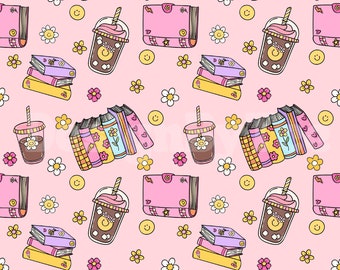 BOOK Club and Iced Coffee Seamless Pattern Files for Fabric Printing Sublimation Fabric Design File, Surface Pattern