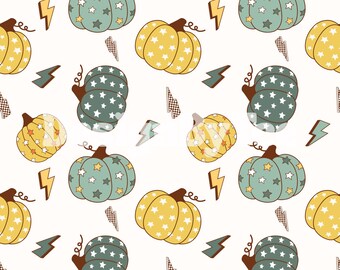 Fall Pumpkin Seamless Pattern: Boyish Star Lightning Design (Digital Paper, 12x12 inch JPEG)