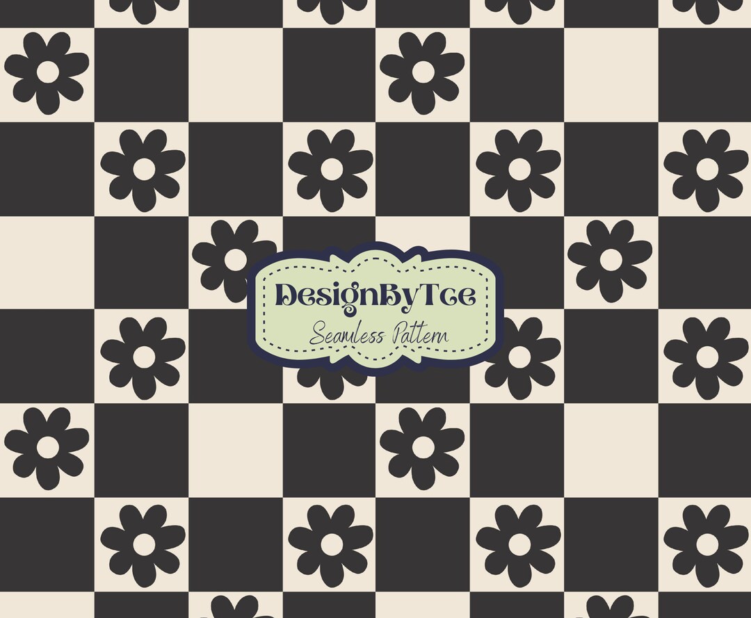 Retro Daisy Checkered Pattern: Pale Black & Beige Seamless Fabric ...