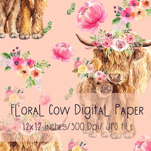 Aquarelle florale de vache avec des fichiers de motif sans couture de fleurs roses pour la sublimation d'impression de tissu de vie à la ferme, motif de surface, cadeau pour fille