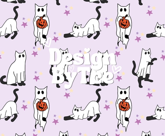 Halloween Cat with Pumpkin Meow Seamless Pattern Files for Fabric Printing Sublimation Design File