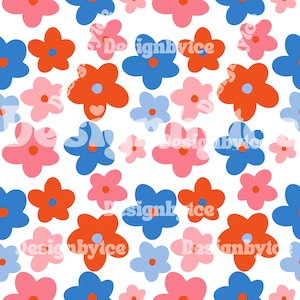 May include: A repeating pattern on a white background featuring stylized five-petaled flowers in shades of orange, light pink, and blue. Each flower has a contrasting circular center. The watermark text Designbyice is visible throughout.