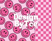 Happy Face Pink Checkerboard Seamless Pattern: Fabric Sublimation (Digital File)