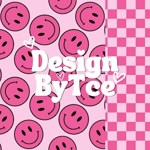 Happy Face Pink Seamless Pattern with Pink Checkerboard Digital Files for Fabric Printing Sublimation Design File Custom Fabric