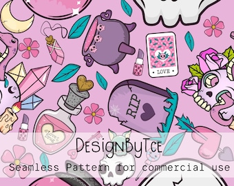 Kawaii Pink Creepy Skull Seamless Pattern: Halloween Fabric (Commercial Use)