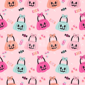 Op de afbeelding: Een naadloos patroon met roze, oranje en turquoise pompoenvormige trick-or-treat-tassen met strikken. De achtergrond is roze met witte sterren en snoep.